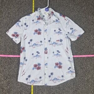 Thereabouts Button Down Shirt Boys L 14/16 White Tropical Palm Tree Hibiscus